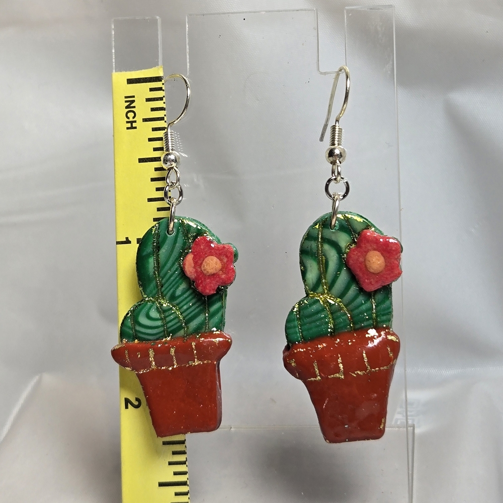 #174- Cactus Earrings with Red Flower Accents